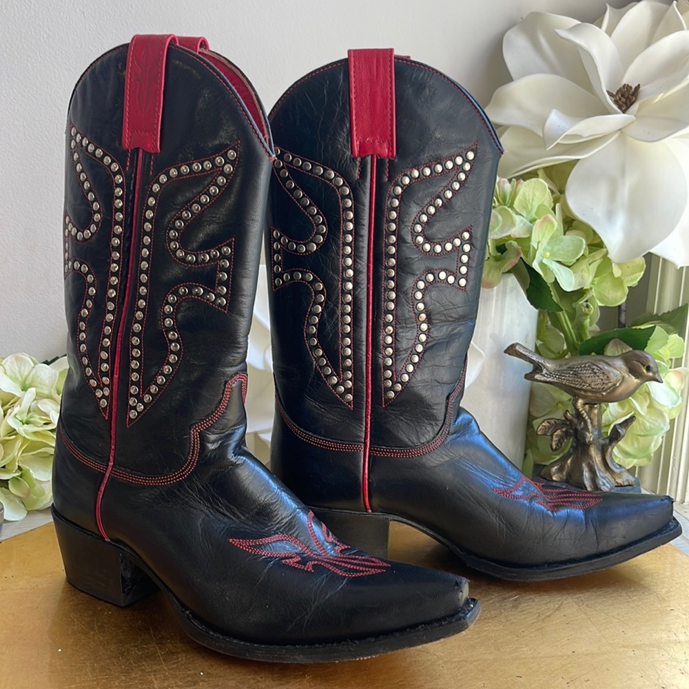 Frye Black Leather Western Studded Cowboy Boots with Red Accents